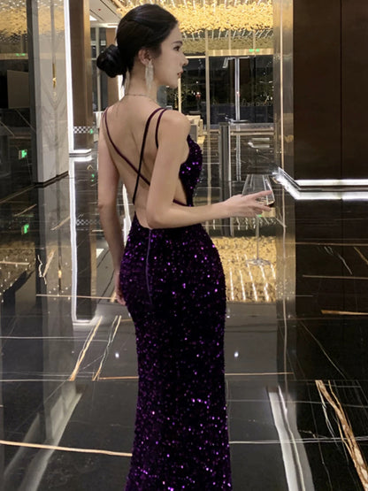 Meerjungfrau Spaghettiträger Lila Pailletten 18. Geburtstag Elegantes Outfit Langes Abschlussball Brautjungfernkleid N4052