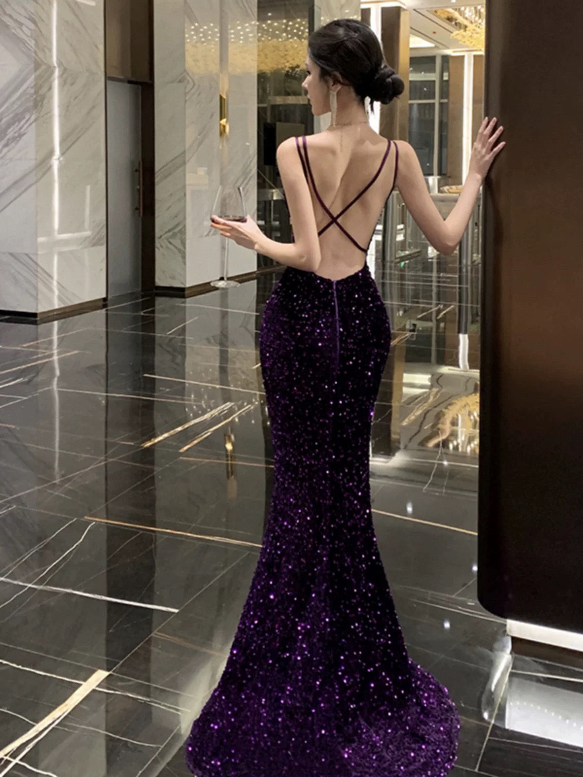 Meerjungfrau Spaghettiträger Lila Pailletten 18. Geburtstag Elegantes Outfit Langes Abschlussball Brautjungfernkleid N4052