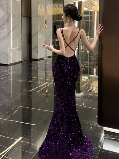 Meerjungfrau Spaghettiträger Lila Pailletten 18. Geburtstag Elegantes Outfit Langes Abschlussball Brautjungfernkleid N4052