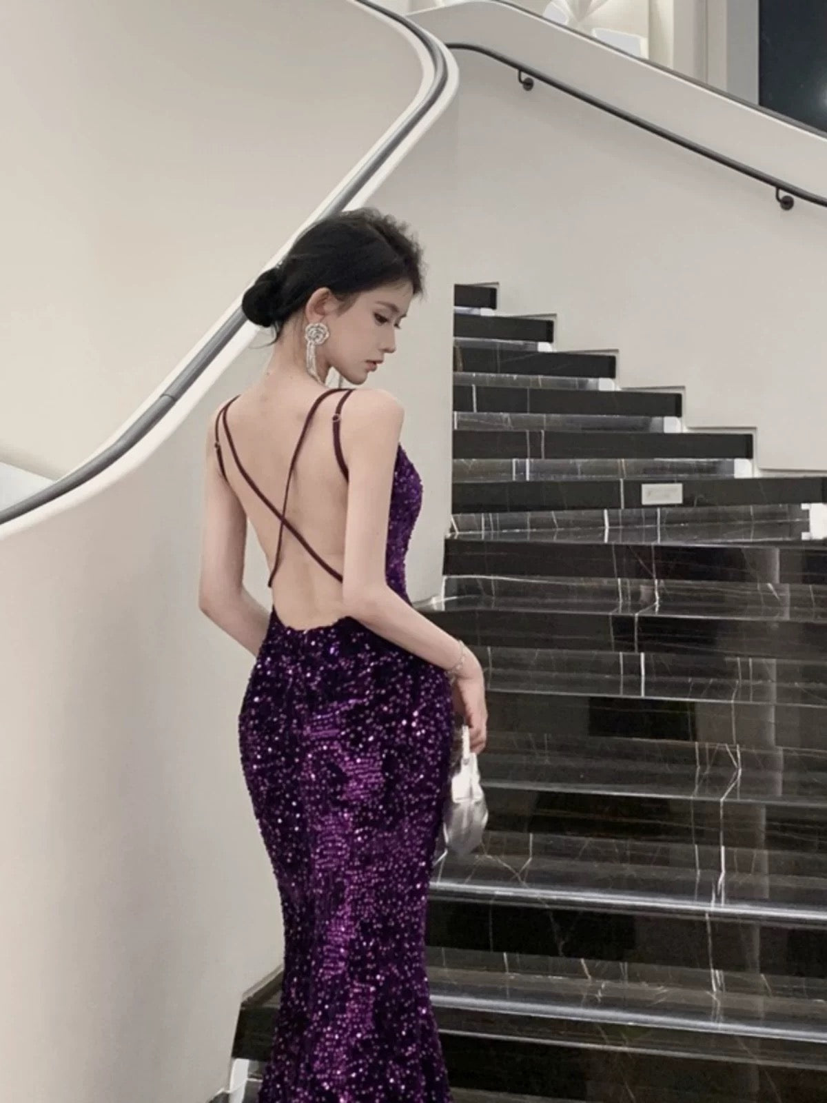 Meerjungfrau Spaghettiträger Lila Pailletten 18. Geburtstag Elegantes Outfit Langes Abschlussball Brautjungfernkleid N4052