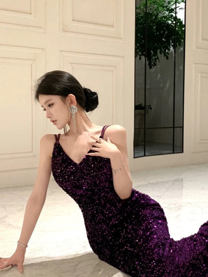 Meerjungfrau Spaghettiträger Lila Pailletten 18. Geburtstag Elegantes Outfit Langes Abschlussball Brautjungfernkleid N4052