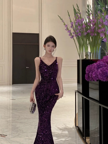 Meerjungfrau Spaghettiträger Lila Pailletten 18. Geburtstag Elegantes Outfit Langes Abschlussball Brautjungfernkleid N4052
