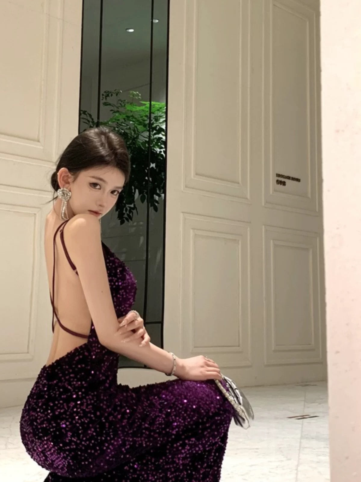 Meerjungfrau Spaghettiträger Lila Pailletten 18. Geburtstag Elegantes Outfit Langes Abschlussball Brautjungfernkleid N4052
