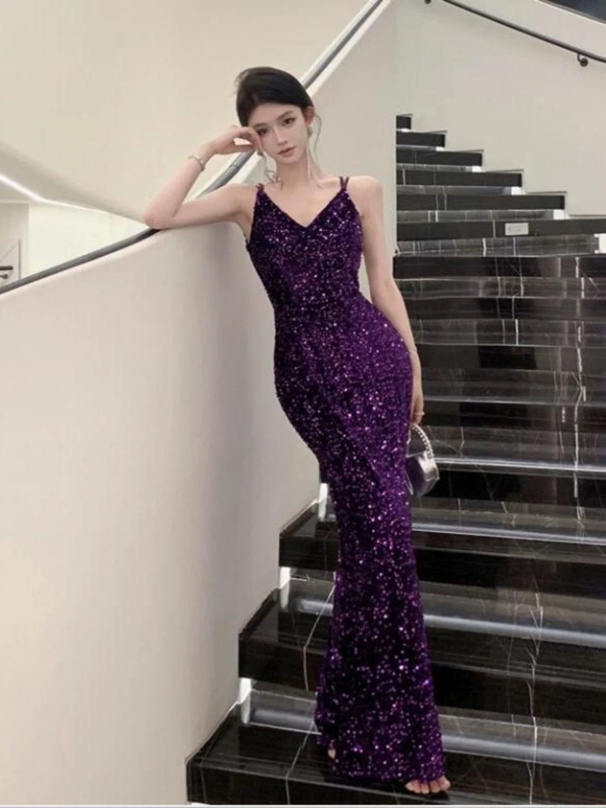 Meerjungfrau Spaghettiträger Lila Pailletten 18. Geburtstag Elegantes Outfit Langes Abschlussball Brautjungfernkleid N4052