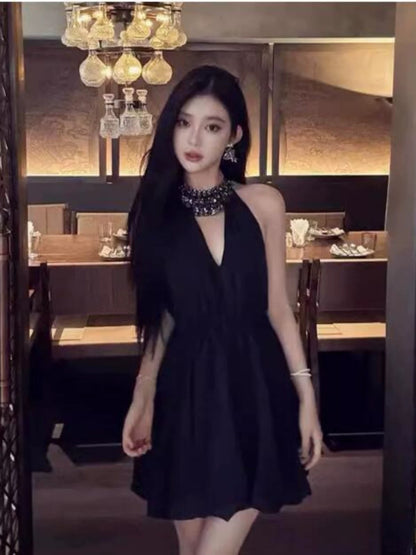 Mini robe de soirée noire sexy coupe trapèze, robes de cocktail de rentrée N4054