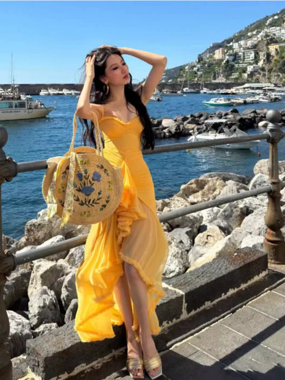 Mermaid Spaghetti Strap Yellow Chiffon 18th Birthday Elegant Outfit Prom Wedding Guest Dresses N4055