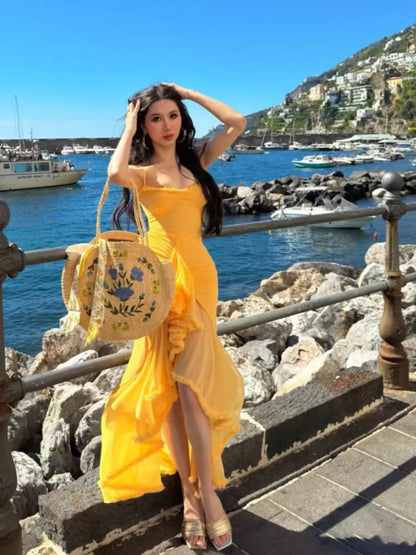 Mermaid Spaghetti Strap Yellow Chiffon 18th Birthday Elegant Outfit Prom Wedding Guest Dresses N4055