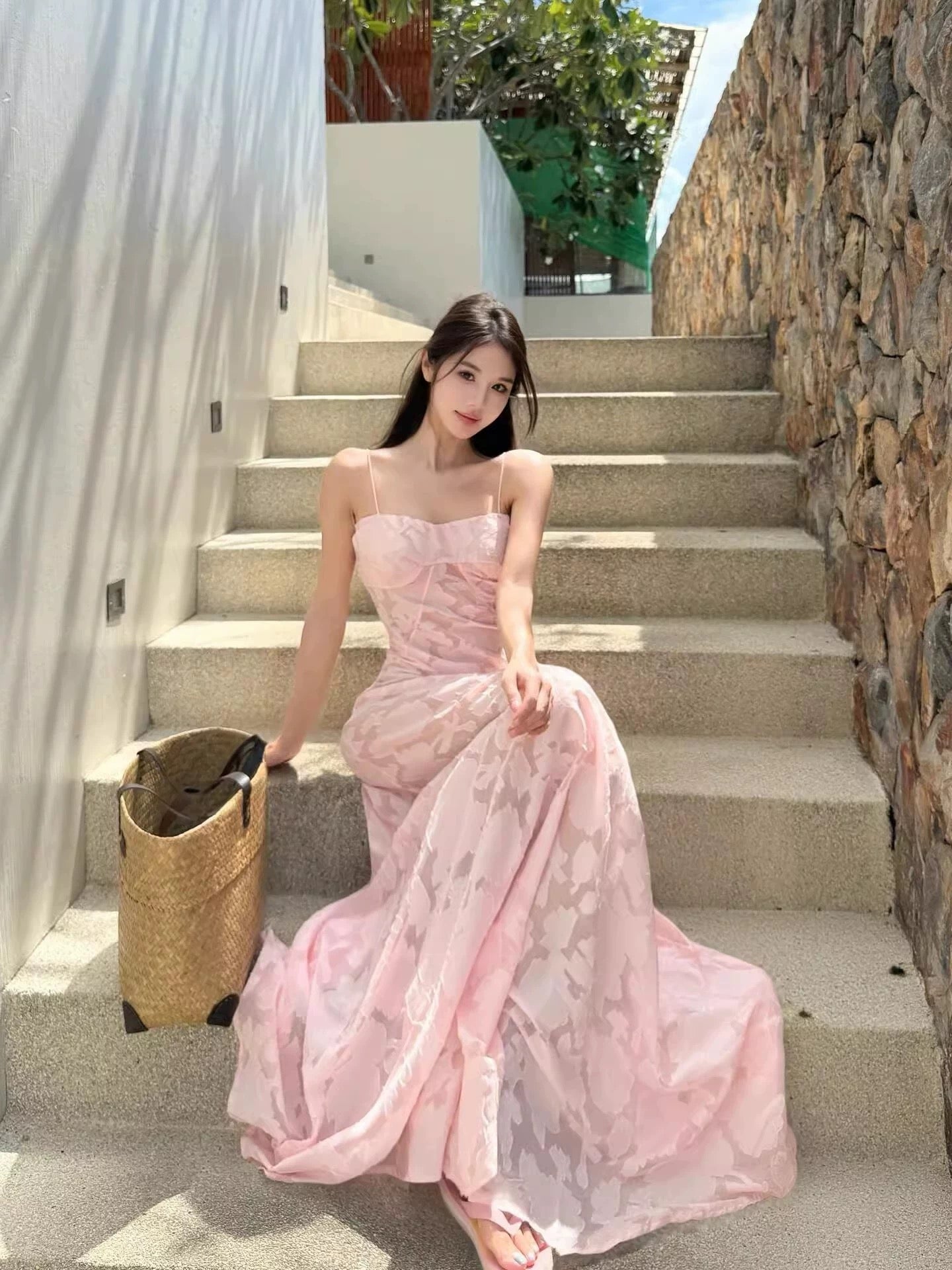 Robe de bal trapèze à fines bretelles en dentelle rose, tenue élégante pour 21e anniversaire, robes d'invitée de mariage d'été N4059