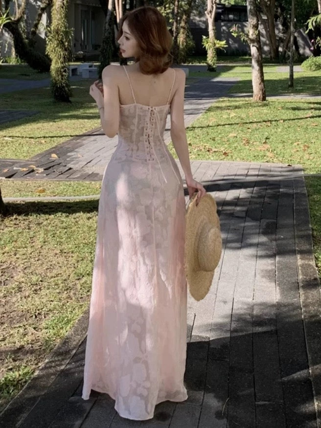 Robe de bal trapèze à fines bretelles en dentelle rose, tenue élégante pour 21e anniversaire, robes d'invitée de mariage d'été N4059