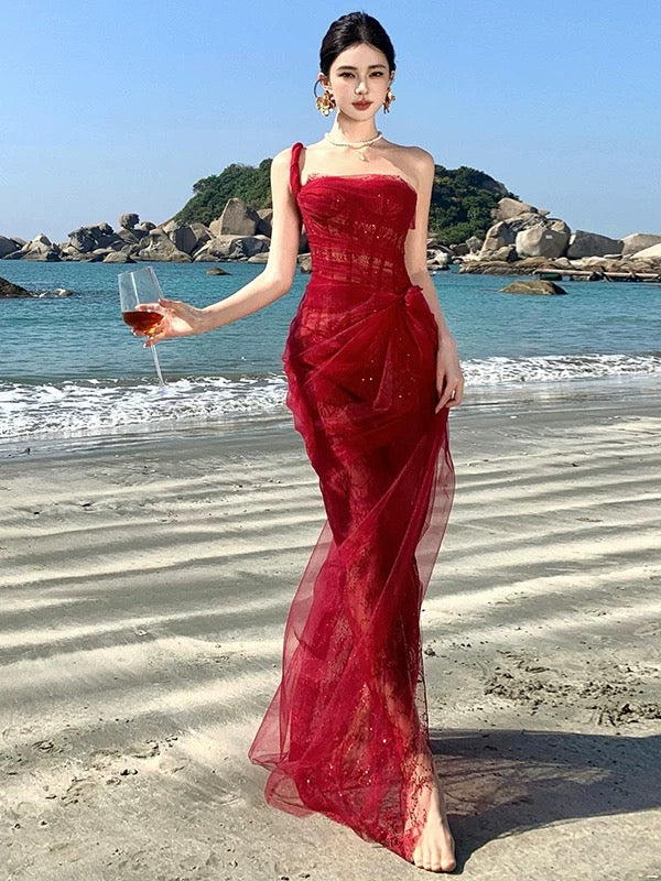 Robe de sirène asymétrique en dentelle bordeaux pour 18e anniversaire, élégante pour bal de fin d'année ou invitée de mariage N4060