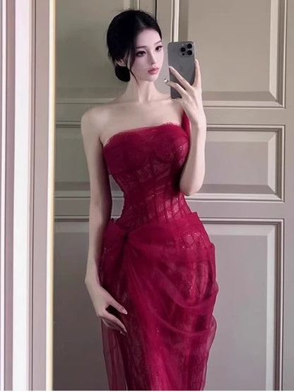 Robe de sirène asymétrique en dentelle bordeaux pour 18e anniversaire, élégante pour bal de fin d'année ou invitée de mariage N4060