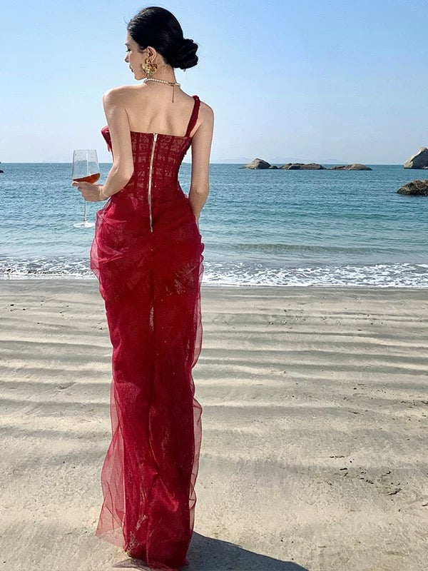 Robe de sirène asymétrique en dentelle bordeaux pour 18e anniversaire, élégante pour bal de fin d'année ou invitée de mariage N4060