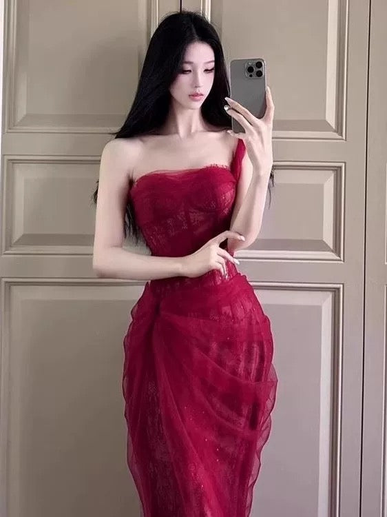 Robe de sirène asymétrique en dentelle bordeaux pour 18e anniversaire, élégante pour bal de fin d'année ou invitée de mariage N4060