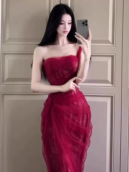 Robe de sirène asymétrique en dentelle bordeaux pour 18e anniversaire, élégante pour bal de fin d'année ou invitée de mariage N4060