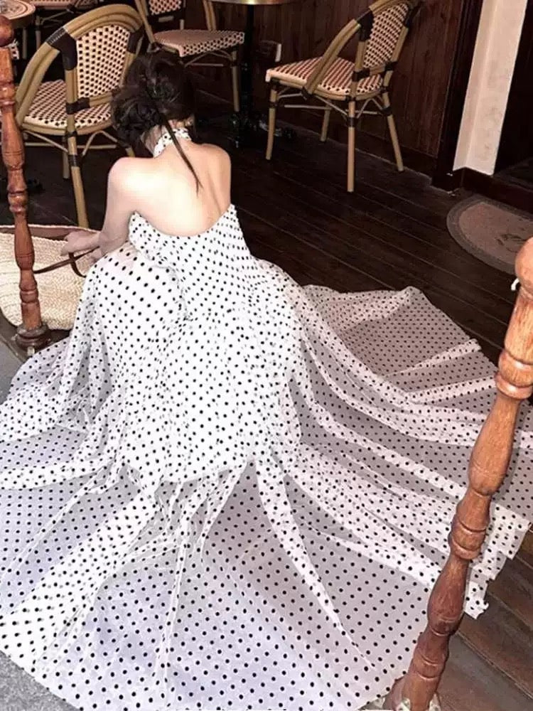 Robe de bal trapèze dos nu à pois noirs, tenue élégante pour 21ème anniversaire, robes d'invitée pour mariage d'été N4061