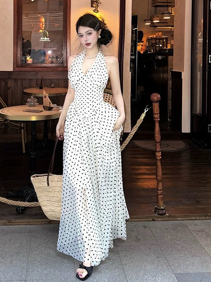 Robe de bal trapèze dos nu à pois noirs, tenue élégante pour 21ème anniversaire, robes d'invitée pour mariage d'été N4061