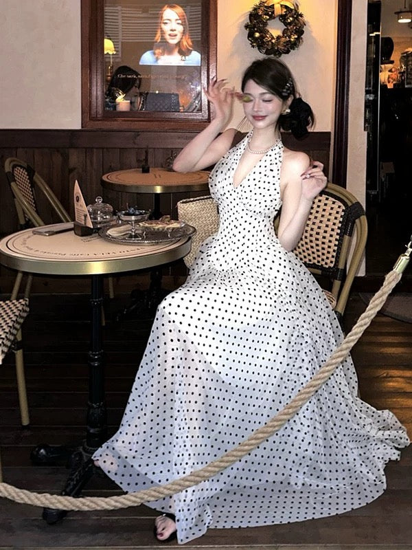 Robe de bal trapèze dos nu à pois noirs, tenue élégante pour 21ème anniversaire, robes d'invitée pour mariage d'été N4061