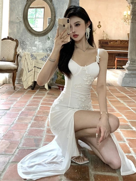 Robe fourreau mi-longue blanche à fines bretelles pour 18ème anniversaire, tenue élégante, robes d'invitée de mariage N4063