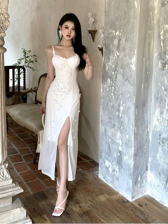 Robe fourreau mi-longue blanche à fines bretelles pour 18ème anniversaire, tenue élégante, robes d'invitée de mariage N4063