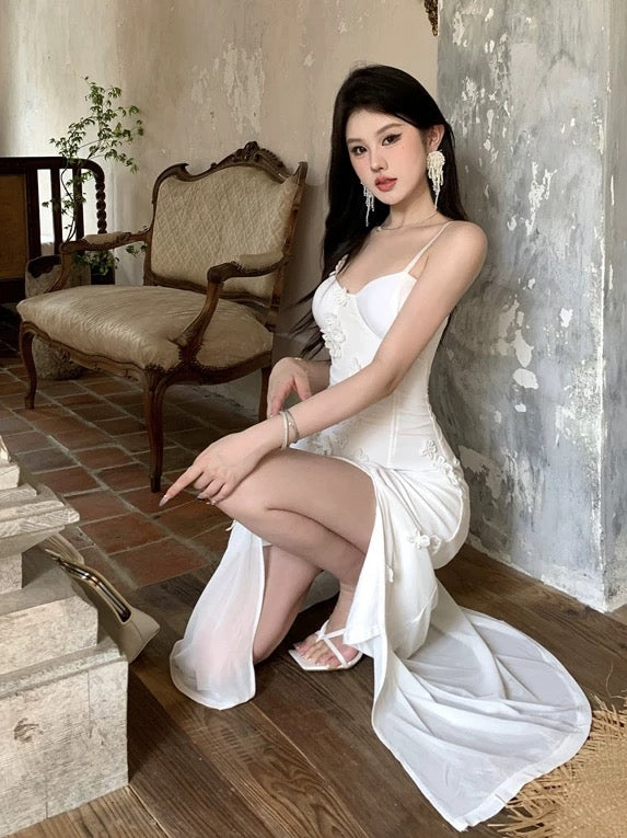 Robe fourreau mi-longue blanche à fines bretelles pour 18ème anniversaire, tenue élégante, robes d'invitée de mariage N4063