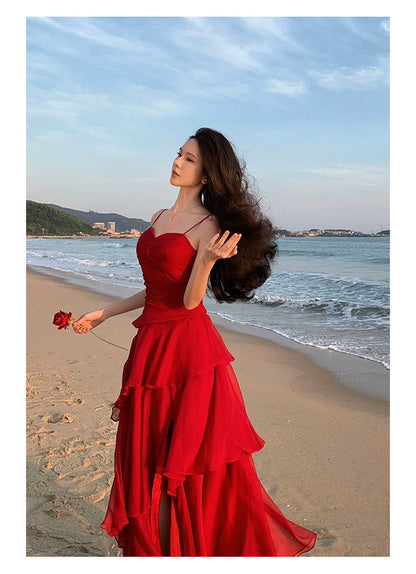 Robe fourreau en mousseline rouge à bretelles spaghetti pour l'été, la plage, un 18e anniversaire, une tenue élégante ou un mariage N4064