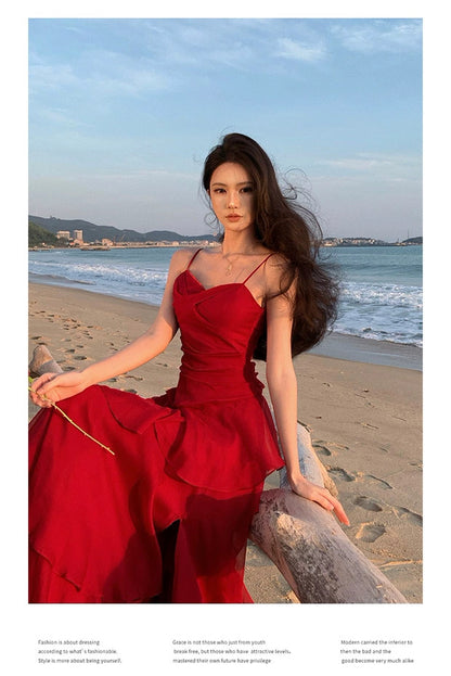Robe fourreau en mousseline rouge à bretelles spaghetti pour l'été, la plage, un 18e anniversaire, une tenue élégante ou un mariage N4064