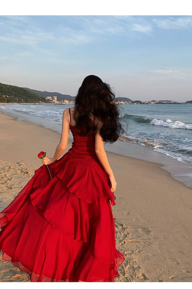Robe fourreau en mousseline rouge à bretelles spaghetti pour l'été, la plage, un 18e anniversaire, une tenue élégante ou un mariage N4064