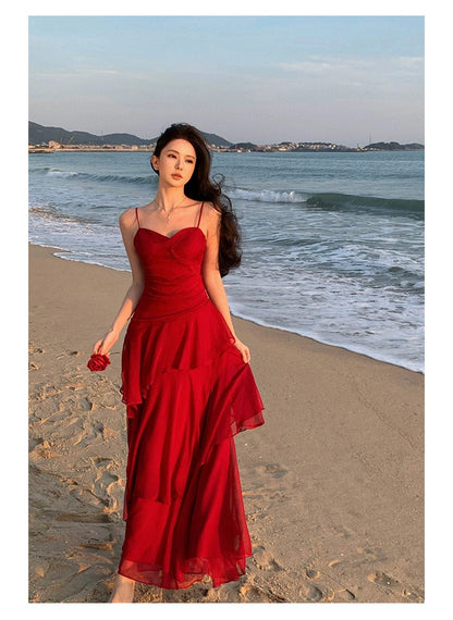 Robe fourreau en mousseline rouge à bretelles spaghetti pour l'été, la plage, un 18e anniversaire, une tenue élégante ou un mariage N4064
