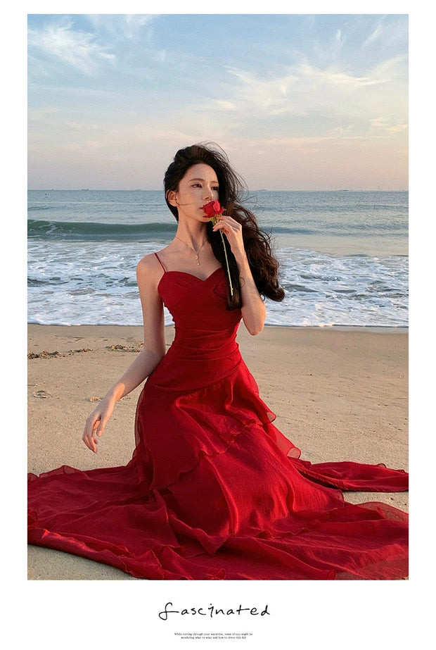 Robe fourreau en mousseline rouge à bretelles spaghetti pour l'été, la plage, un 18e anniversaire, une tenue élégante ou un mariage N4064