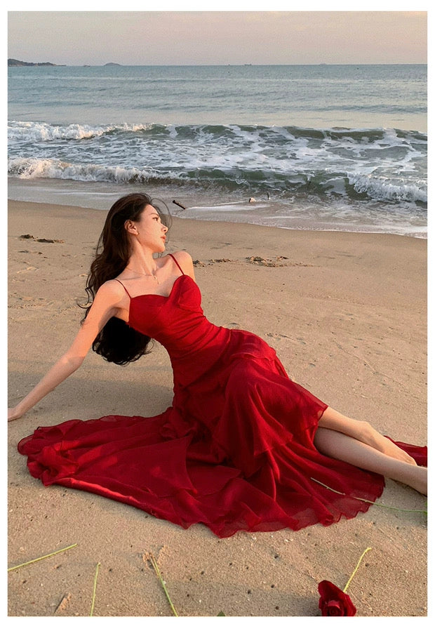 Robe fourreau en mousseline rouge à bretelles spaghetti pour l'été, la plage, un 18e anniversaire, une tenue élégante ou un mariage N4064