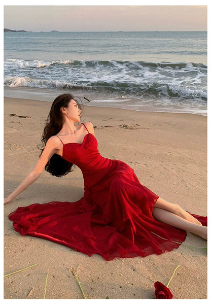 Robe fourreau en mousseline rouge à bretelles spaghetti pour l'été, la plage, un 18e anniversaire, une tenue élégante ou un mariage N4064