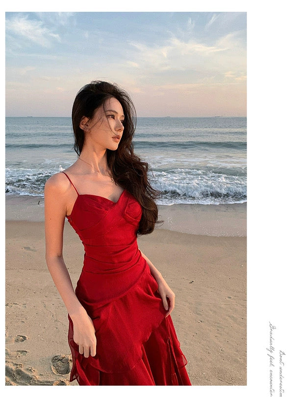 Robe fourreau en mousseline rouge à bretelles spaghetti pour l'été, la plage, un 18e anniversaire, une tenue élégante ou un mariage N4064