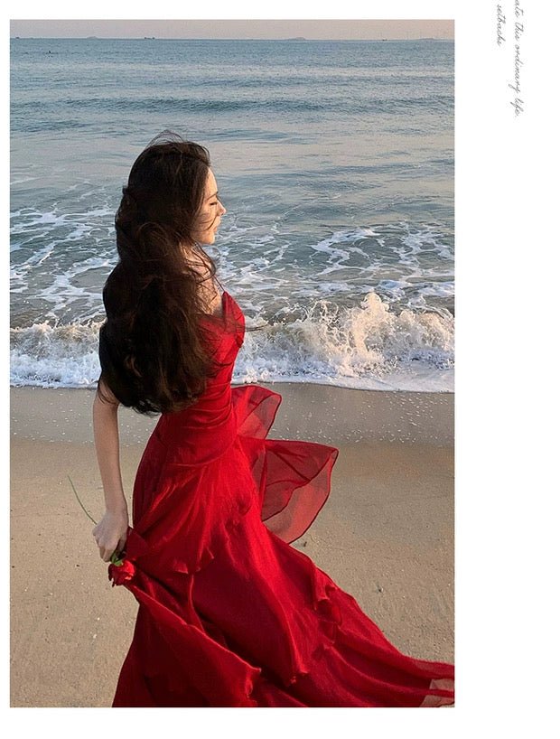 Robe fourreau en mousseline rouge à bretelles spaghetti pour l'été, la plage, un 18e anniversaire, une tenue élégante ou un mariage N4064