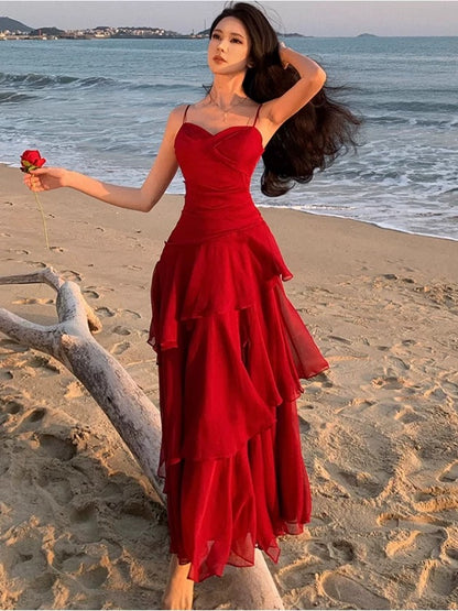Robe fourreau en mousseline rouge à bretelles spaghetti pour l'été, la plage, un 18e anniversaire, une tenue élégante ou un mariage N4064