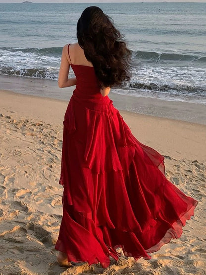 Robe fourreau en mousseline rouge à bretelles spaghetti pour l'été, la plage, un 18e anniversaire, une tenue élégante ou un mariage N4064
