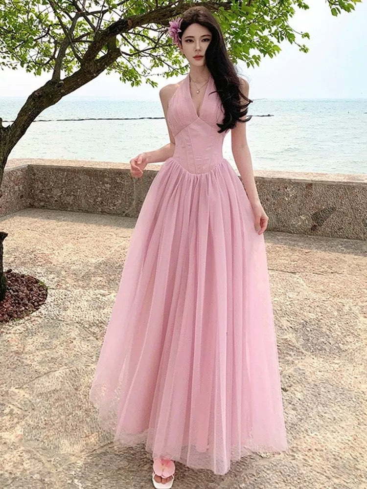 A-Linien Halter Neck Rosa Tüll Ballkleid 21. Geburtstag Elegantes Outfit Sommer Hochzeitsgastkleider N4065