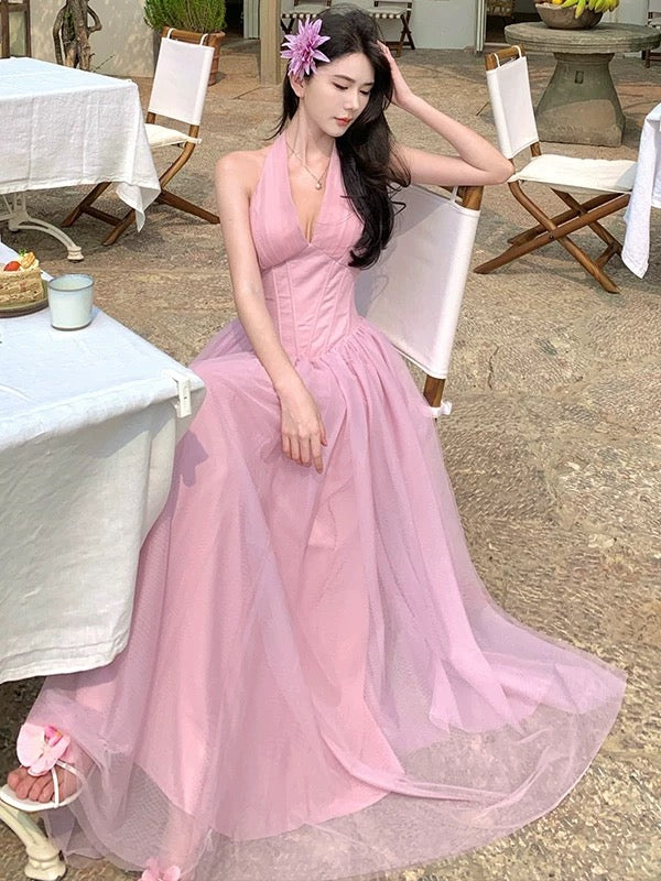 A-Linien Halter Neck Rosa Tüll Ballkleid 21. Geburtstag Elegantes Outfit Sommer Hochzeitsgastkleider N4065