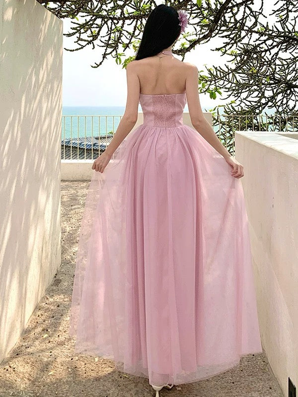 A-Linien Halter Neck Rosa Tüll Ballkleid 21. Geburtstag Elegantes Outfit Sommer Hochzeitsgastkleider N4065