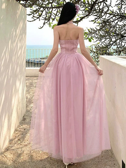 A-Linien Halter Neck Rosa Tüll Ballkleid 21. Geburtstag Elegantes Outfit Sommer Hochzeitsgastkleider N4065