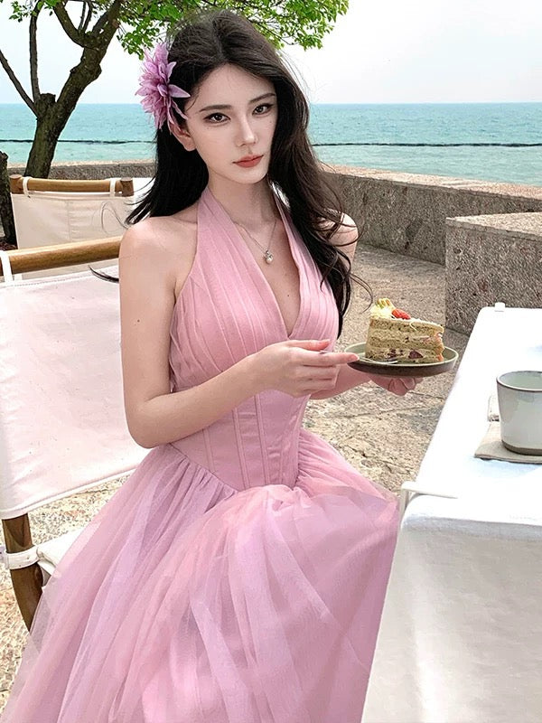 A-Linien Halter Neck Rosa Tüll Ballkleid 21. Geburtstag Elegantes Outfit Sommer Hochzeitsgastkleider N4065
