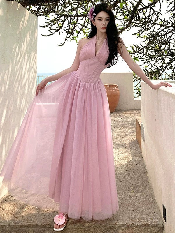 A-Linien Halter Neck Rosa Tüll Ballkleid 21. Geburtstag Elegantes Outfit Sommer Hochzeitsgastkleider N4065