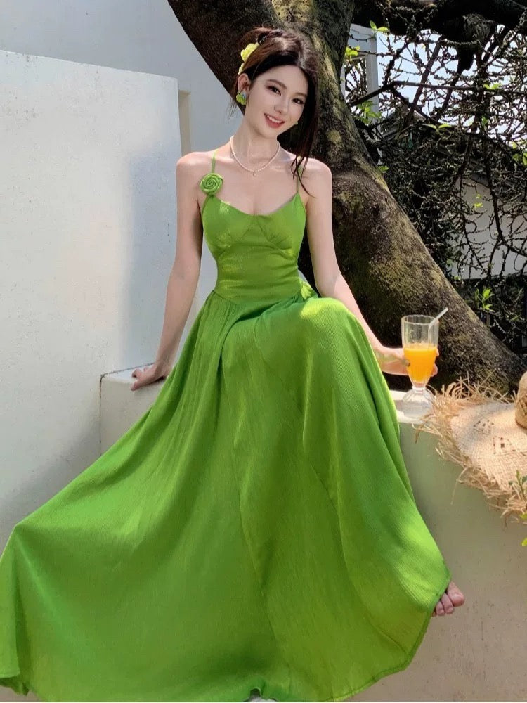 Robes de Demoiselle d'Honneur N4066 Simples, Ligne A, Bretelles Spaghetti, Mousseline Verte, Été, Plage, Élégante pour 19ème Anniversaire