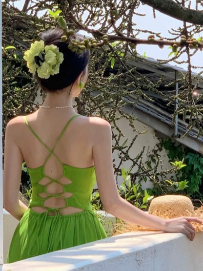 Robes de Demoiselle d'Honneur N4066 Simples, Ligne A, Bretelles Spaghetti, Mousseline Verte, Été, Plage, Élégante pour 19ème Anniversaire