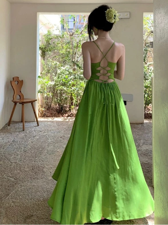 Robes de Demoiselle d'Honneur N4066 Simples, Ligne A, Bretelles Spaghetti, Mousseline Verte, Été, Plage, Élégante pour 19ème Anniversaire
