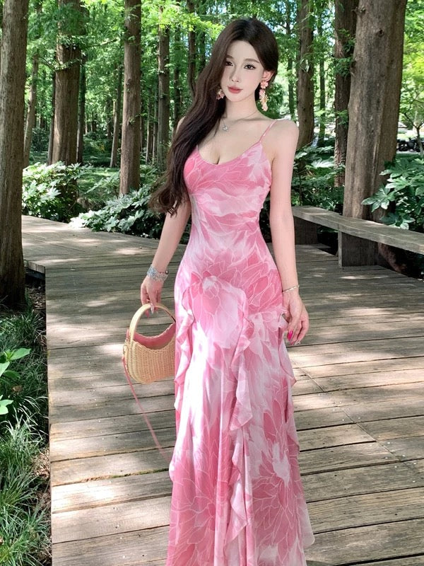 Robe de soirée élégante sirène simple à fines bretelles en mousseline rose pour un 19ème anniversaire, robe d'invitée de mariage pour la plage N4067