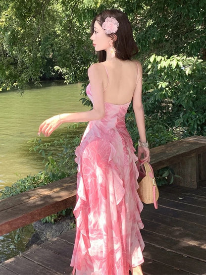 Robe de soirée élégante sirène simple à fines bretelles en mousseline rose pour un 19ème anniversaire, robe d'invitée de mariage pour la plage N4067