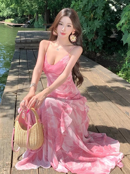 Robe de soirée élégante sirène simple à fines bretelles en mousseline rose pour un 19ème anniversaire, robe d'invitée de mariage pour la plage N4067