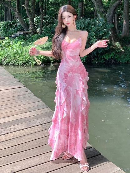 Robe de soirée élégante sirène simple à fines bretelles en mousseline rose pour un 19ème anniversaire, robe d'invitée de mariage pour la plage N4067