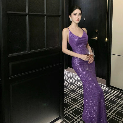 Sparkly Mermaid Spaghetti Strap Purple Sequin Summer Beach 19th Birthday Elegant Outfit Wedding Guest Dresses N4069