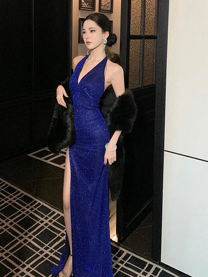 Glitzernde Meerjungfrauen Neckholder Königlich Blau Mit Schlitz Pailletten Sommer 19. Geburtstag Elegantes Outfit Hochzeitsgastkleider N4070